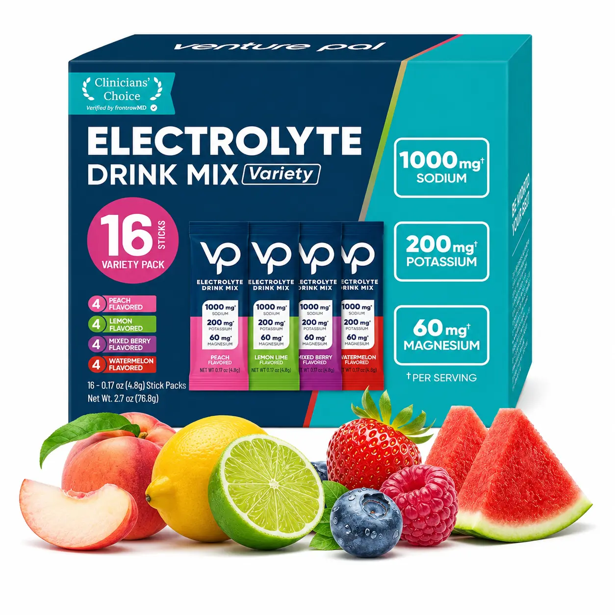 Venture Pal - Paquetes de electrolitos de alto sodio sin azúcar en polvo.